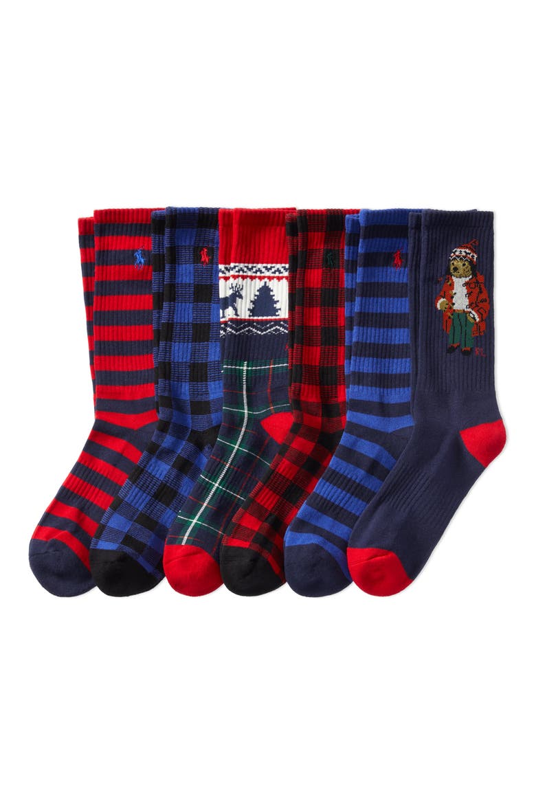 Artic Holiday Bear Assorted 6-Pack Cotton Blend Crew Socks, Main, color, RED MULTI
