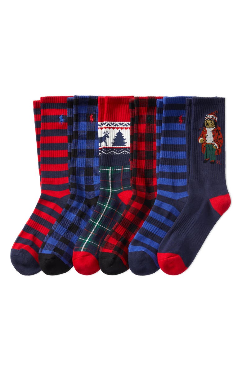 Polo Ralph Lauren Artic Holiday Bear Assorted 6-Pack Cotton Blend Crew Socks, Main, color, 