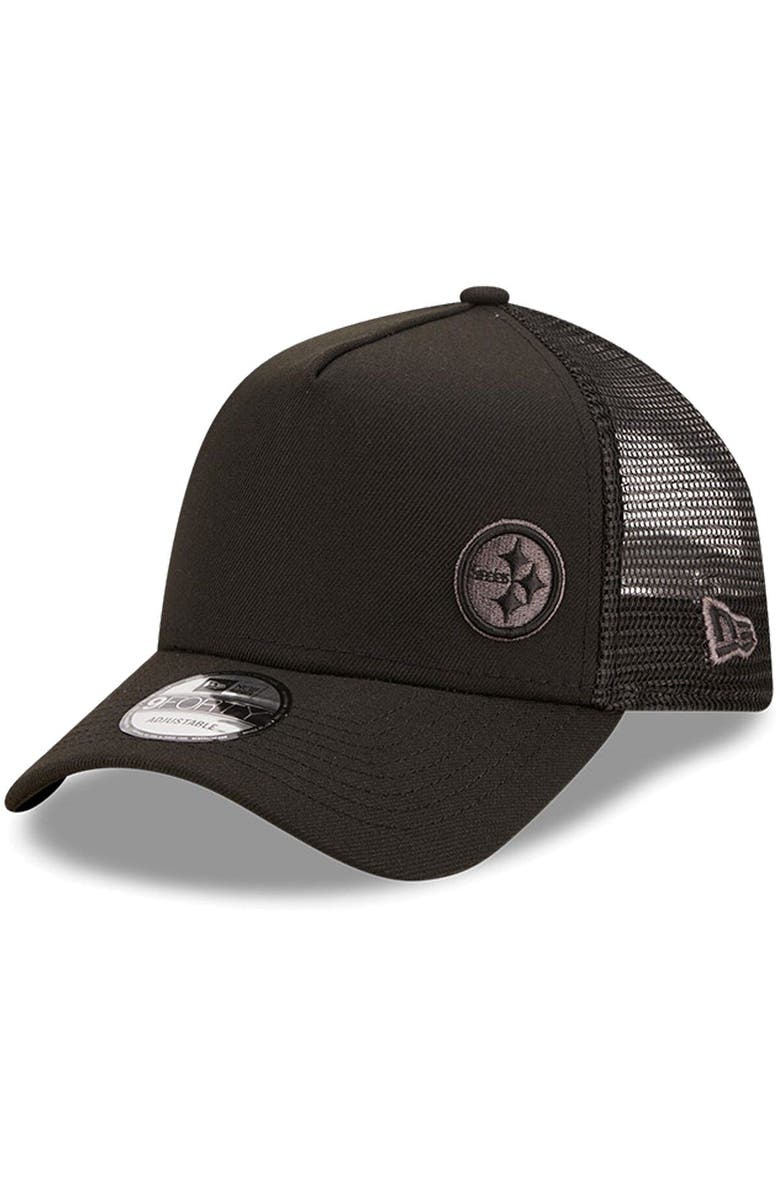 New Era Men's New Era Black Pittsburgh Steelers Repreve A-Frame Trucker 9FORTY Snapback Hat, Main, color, 