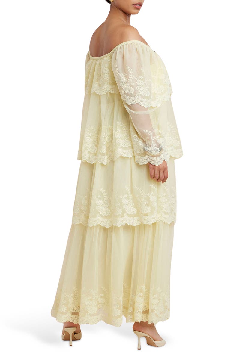 ELOQUII Off the Shoulder Long Sleeve Tiered Lace Maxi Dress, Alternate, color,