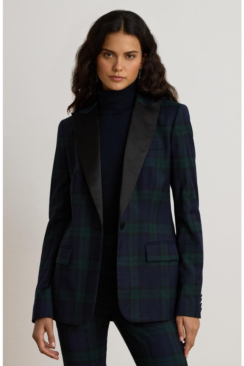 Satin Trim Plaid Blazer, Alternate, color, BLUE/ MULTI