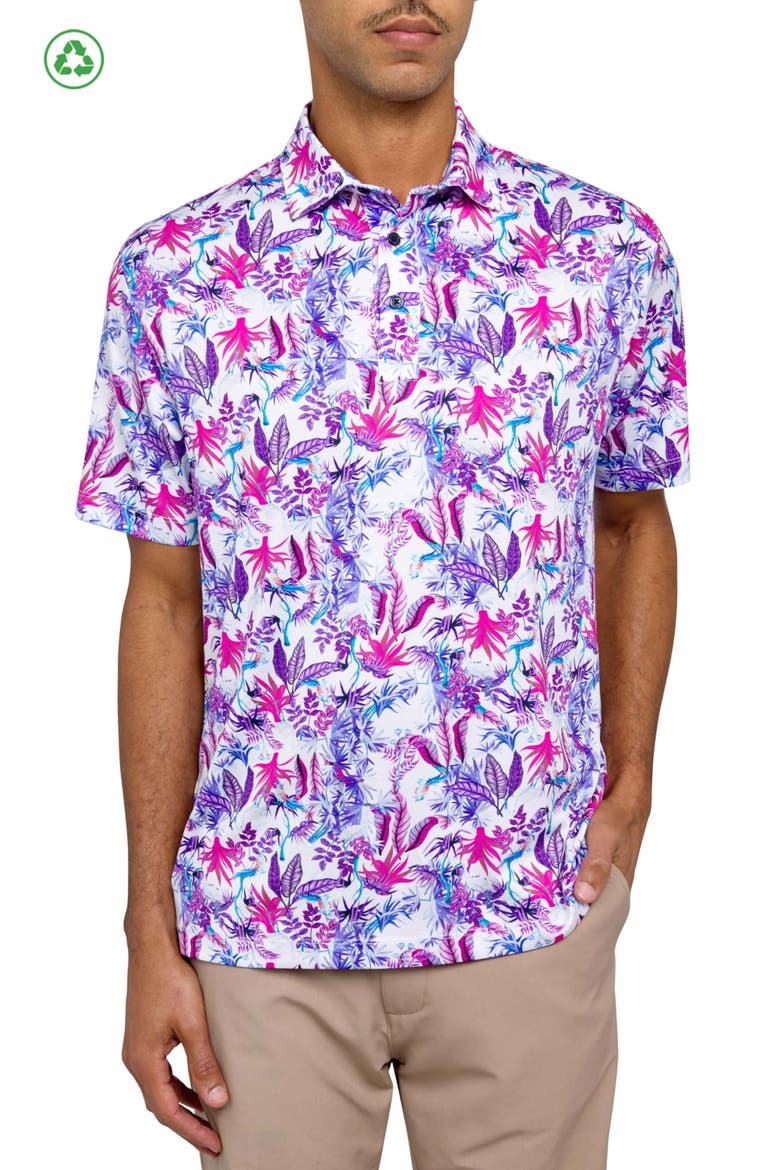 Regular Fit Exotic Bird Print Recycled Performance Golf Polo, Main, color, WHITE/PURPLE