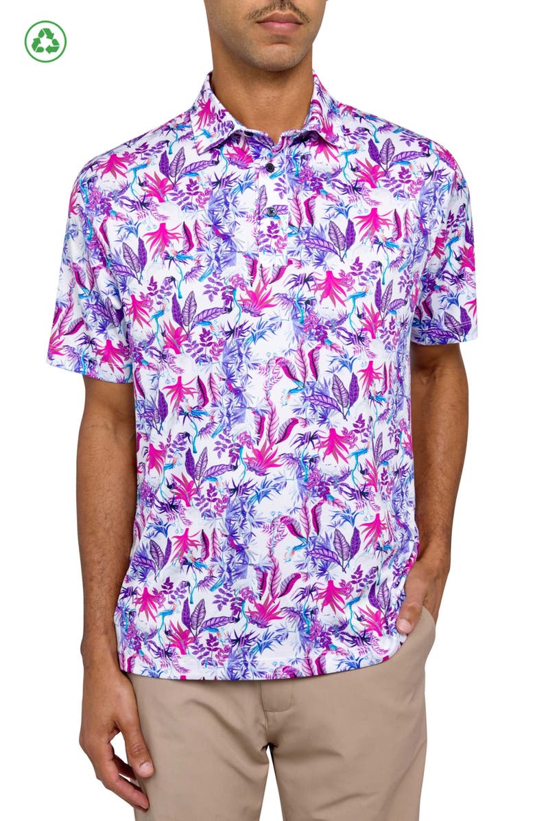 CONSTRUCT Regular Fit Exotic Bird Print Recycled Performance Golf Polo, Main, color, White/Purple