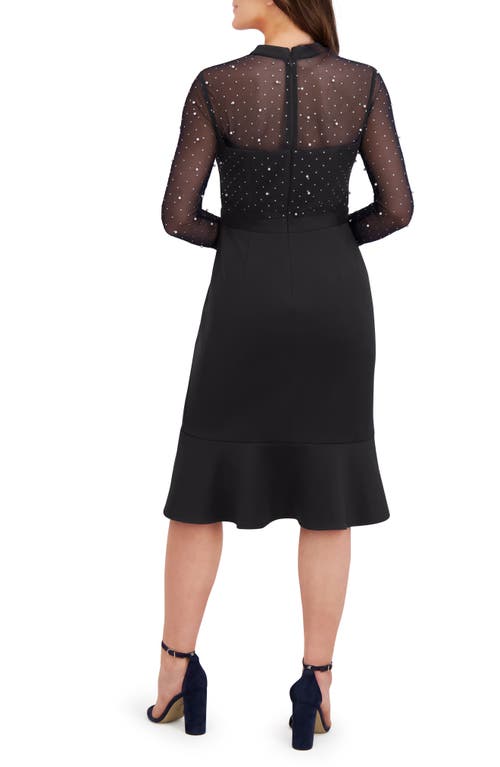 London Times Long Sleeve Faux Pearl Illusion Midi Dress In Black