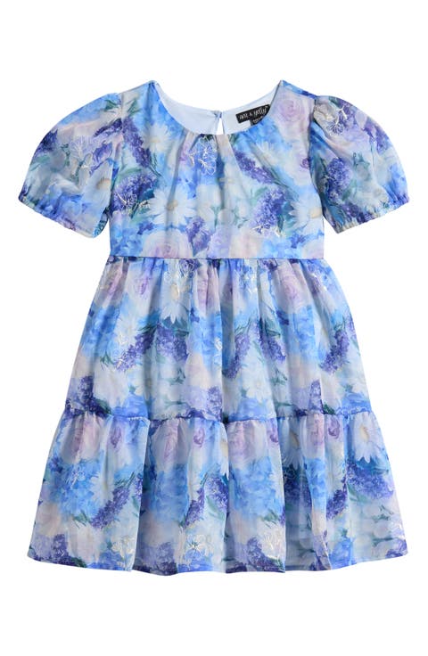Kids' Puff Sleeve Burnout Chiffon Tiered Party Dress