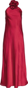 Vasiliki Belle Halter Neck Silky Dress With Crystallised Floral Corsage