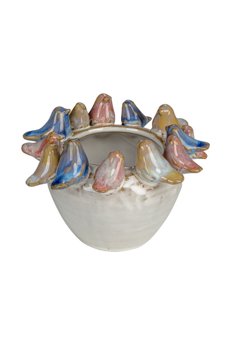 Stoneware Planter with Birds on Rim and Reactive Glaze, Multicolor, Main, color, Multicolor