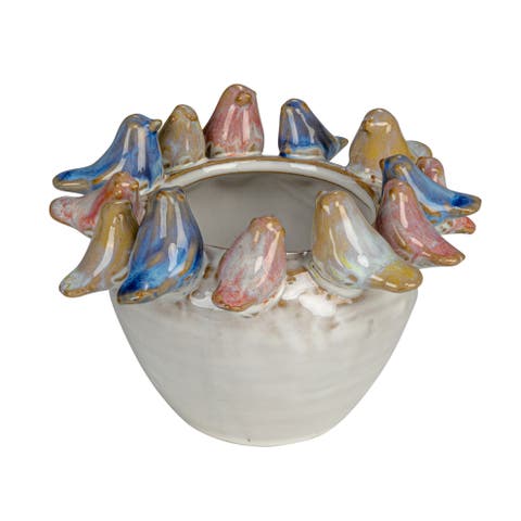 Stoneware Planter with Birds on Rim and Reactive Glaze, Multicolor
