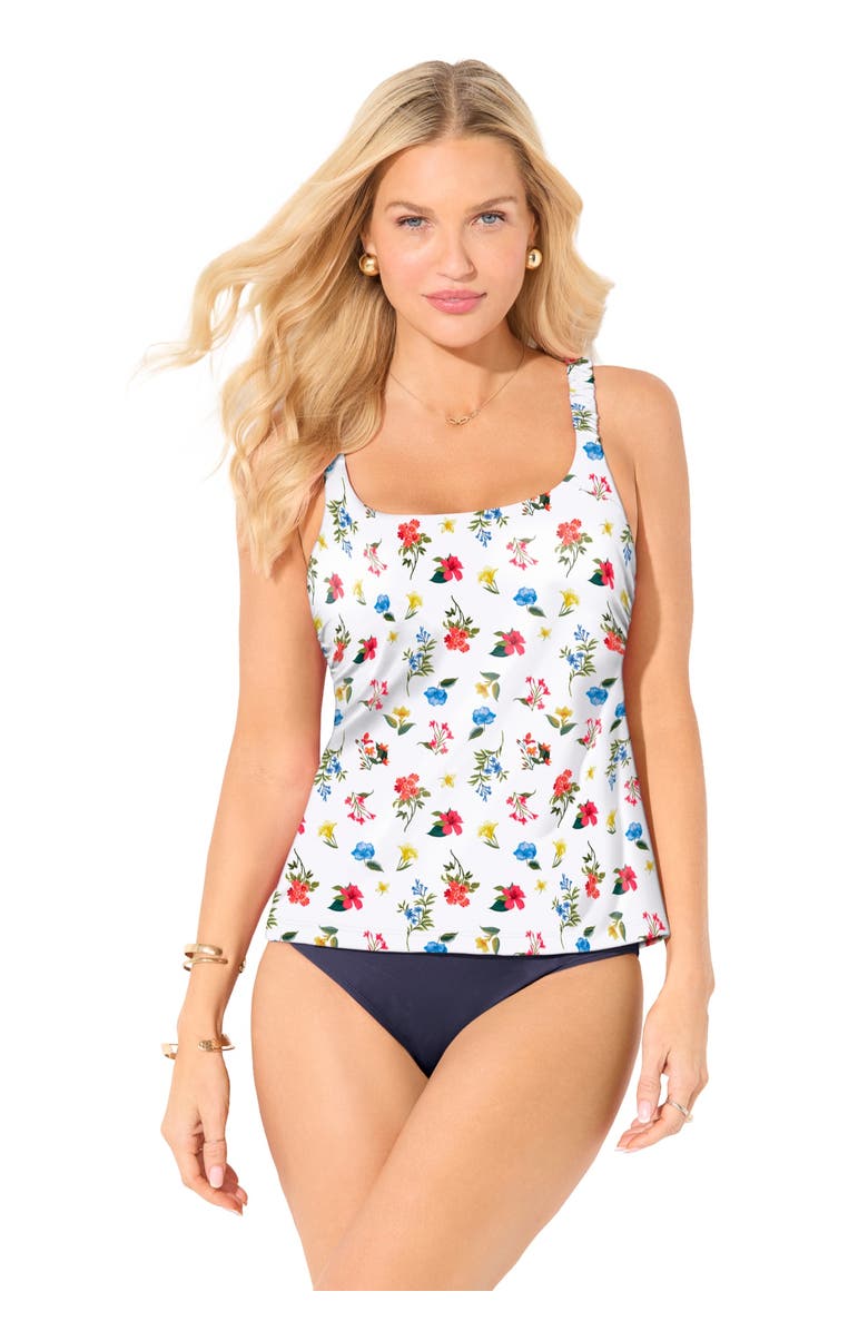 Swimsuits for All Scoop Neck Shirred Tankini Top, Main, color, White Ditsy Floral