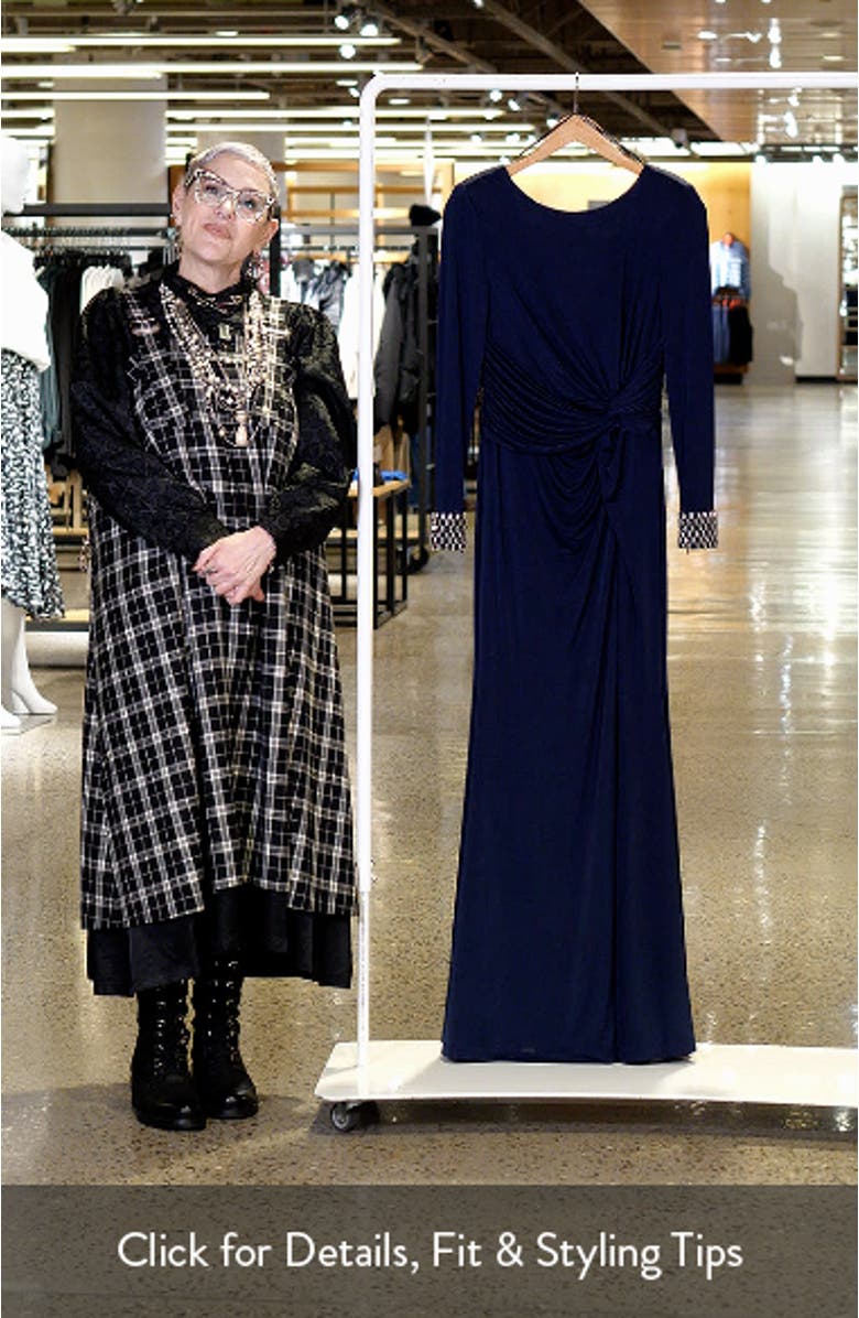 Center Knot Beaded Cuff Long Sleeve Jersey Gown, sales video thumbnail