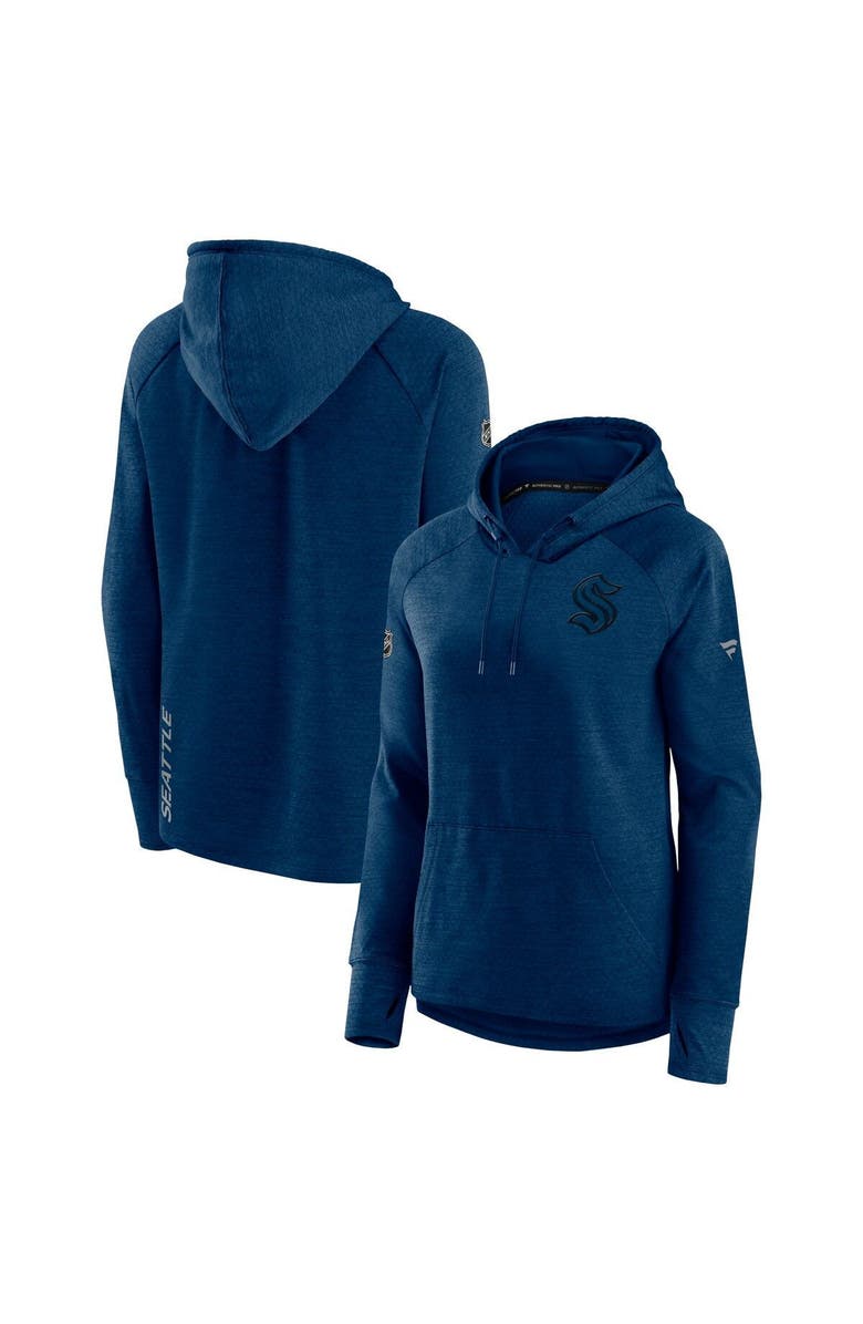 FANATICS Women's Fanatics Branded Heather Deep Sea Blue Seattle Kraken Authentic Pro Road Performance Raglan Pullover Hoodie, Main, color, 