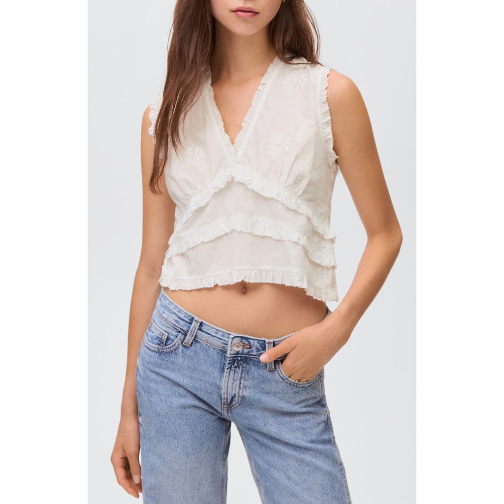 Mango Teen Floral Embroidered Ruffle Sleeveless Crop Top In White