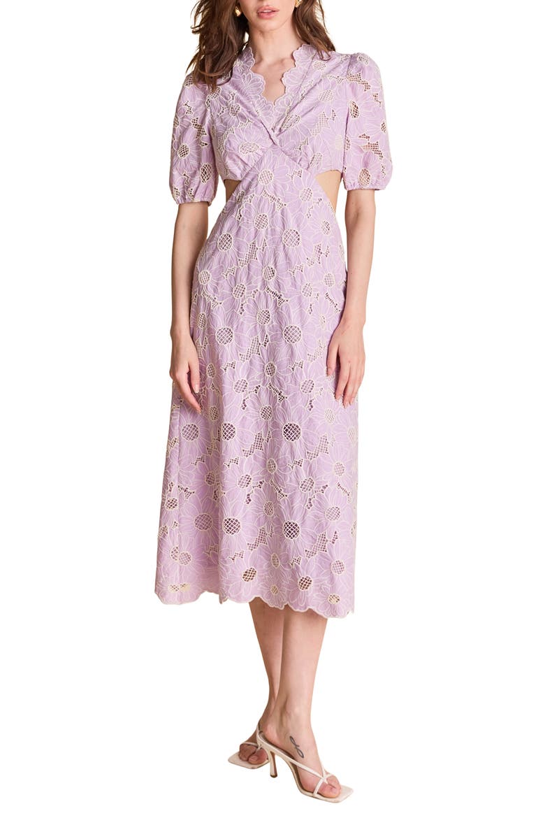 Cutout Detail Floral Cotton Eyelet Midi Dress, Main, color, LILAC