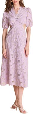 English Factory Cutout Detail Floral Cotton Eyelet Midi Dress