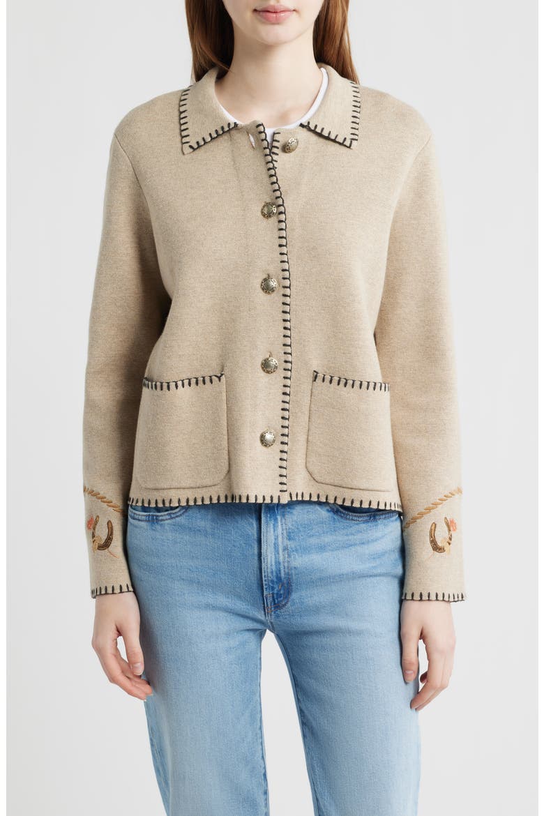 Souvenir Blanket Stitch Cotton & Merino Wool Cardigan, Alternate, color, NATURAL