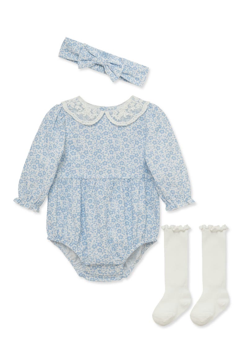 Floral Bubble Romper, Socks & Headband Set, Main, color, BLUE FLORAL
