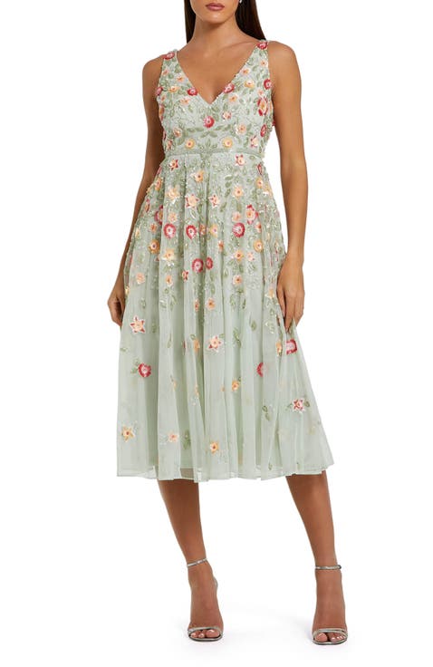 V-Neck Sleeveless Midi Floral Beaded A-Line Dress