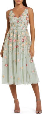 Mac Duggal V-Neck Sleeveless Midi Floral Beaded A-Line Dress