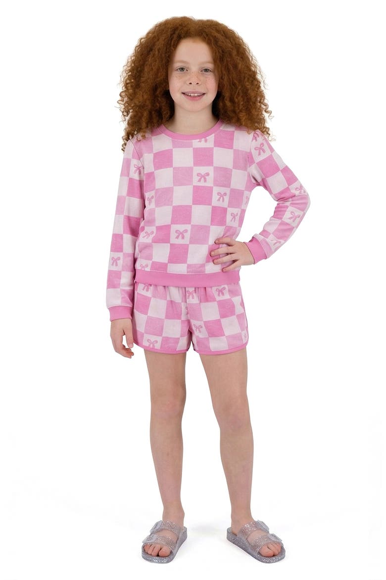 Kids' Textured Terry Long Sleeve Pullover & Shorts Set, Alternate, color, CHECKERED BOW