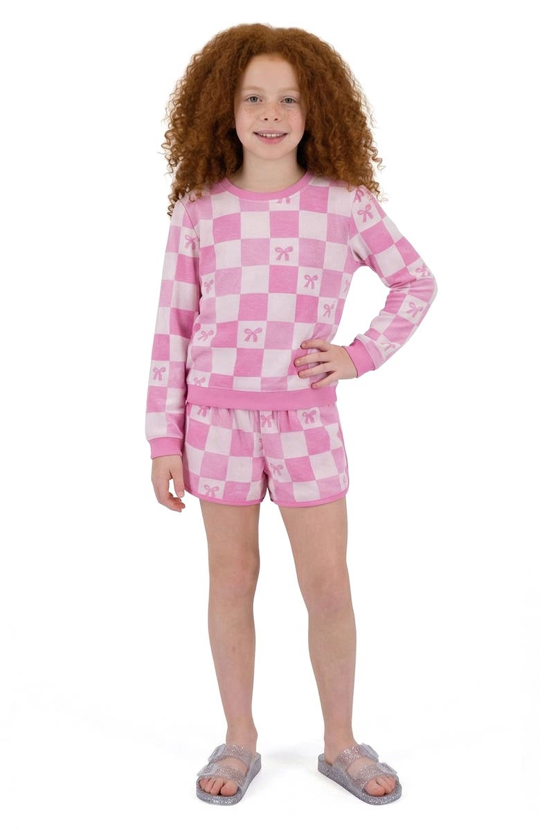 Andy & Evan Kids' Textured Terry Long Sleeve Pullover & Shorts Set, Alternate, color, Checkered Bow