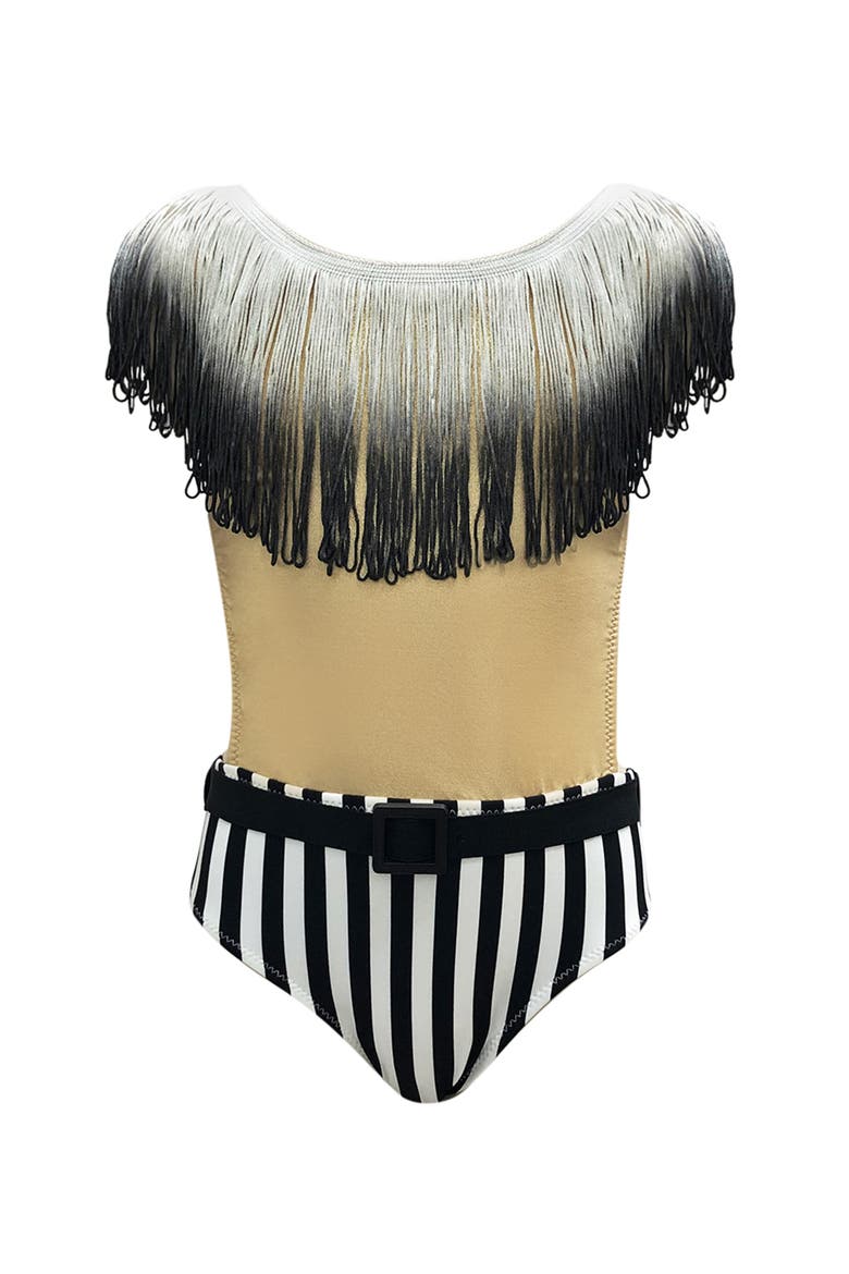 Ombré Fringe & Striped Illusion Belted One-Piece Swimsuit, Toddler, Little Kid & Big Kid, Main, color, Beige