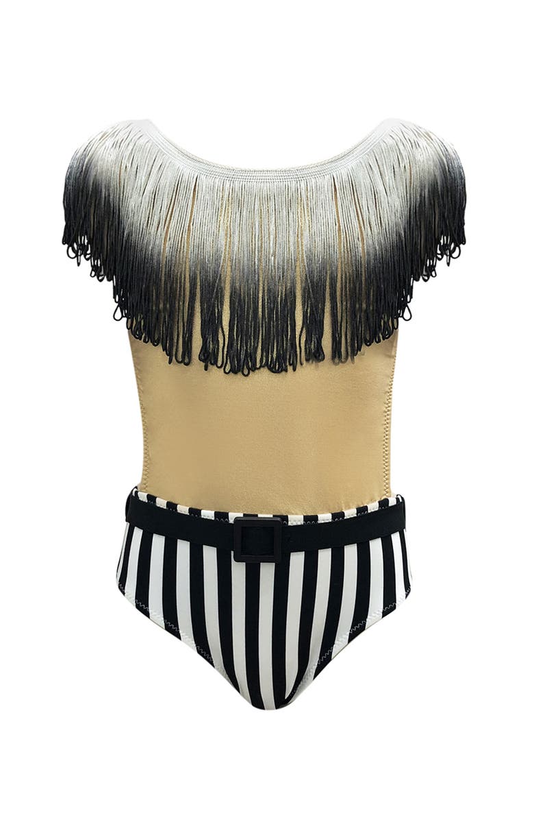 NESSI BYRD Ombré Fringe & Striped Illusion Belted One-Piece Swimsuit, Toddler, Little Kid & Big Kid, Main, color, Beige