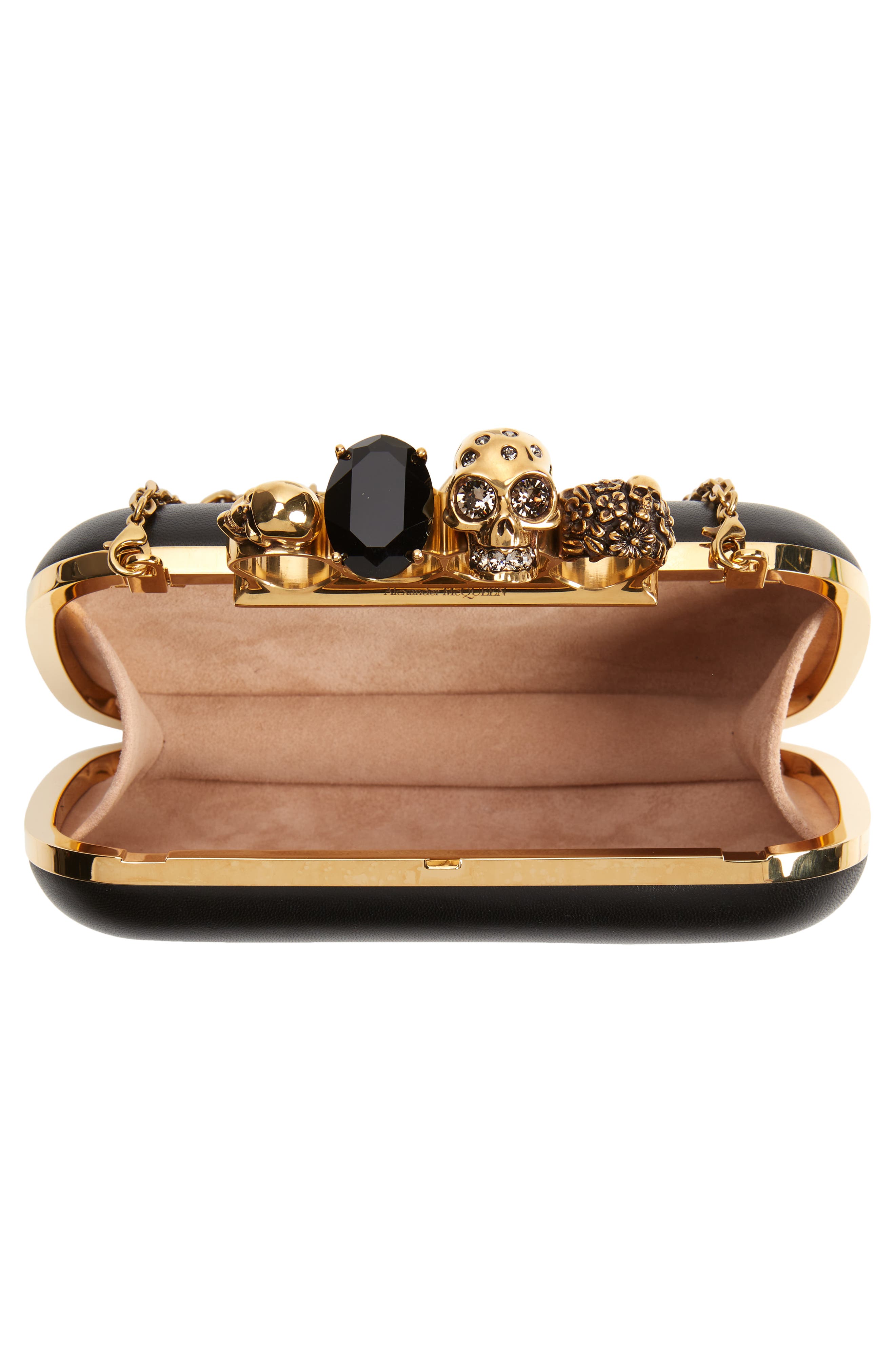 McQueen Skull Leather Knuckle Clutch, Alternate, color, 