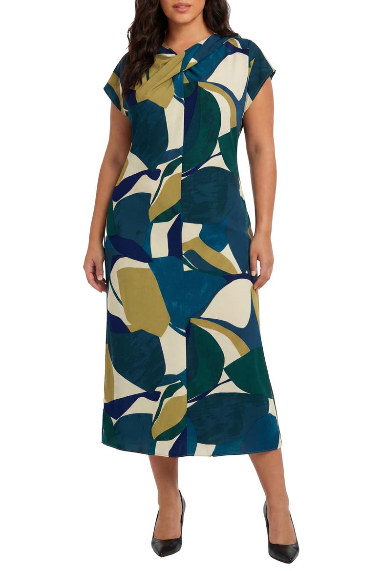 Twist Neck Short Sleeve Midi Dress, Main, color, IVORY/ GREEN