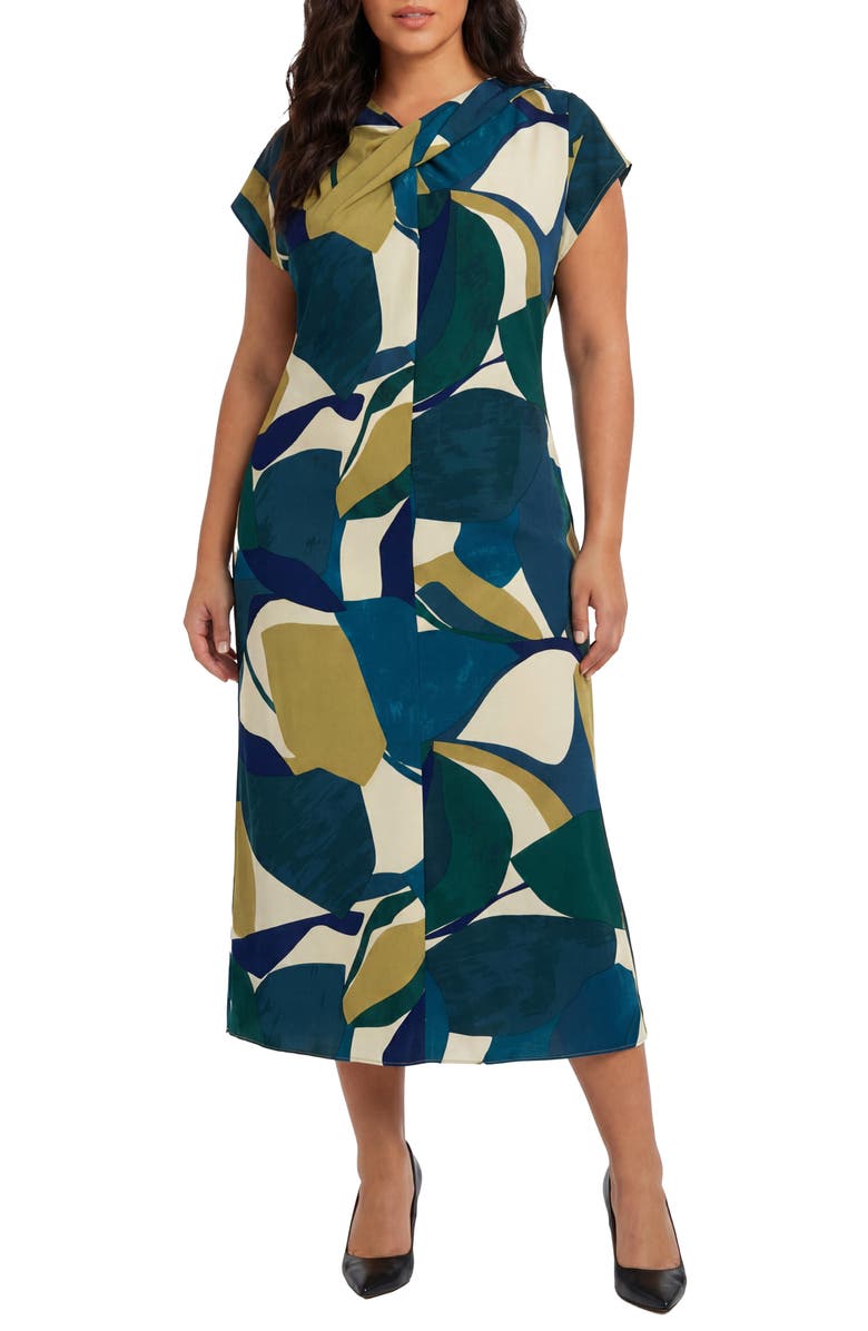 London Times Twist Neck Short Sleeve Midi Dress, Main, color, Ivory/ Green