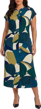 London Times Twist Neck Short Sleeve Midi Dress