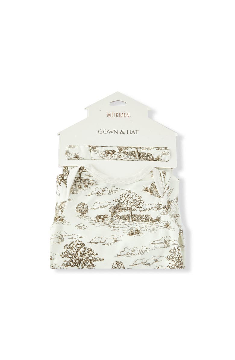 Milkbarn Luxe Stretch Newborn Gown and Hat Set, Alternate, color, Country Toile