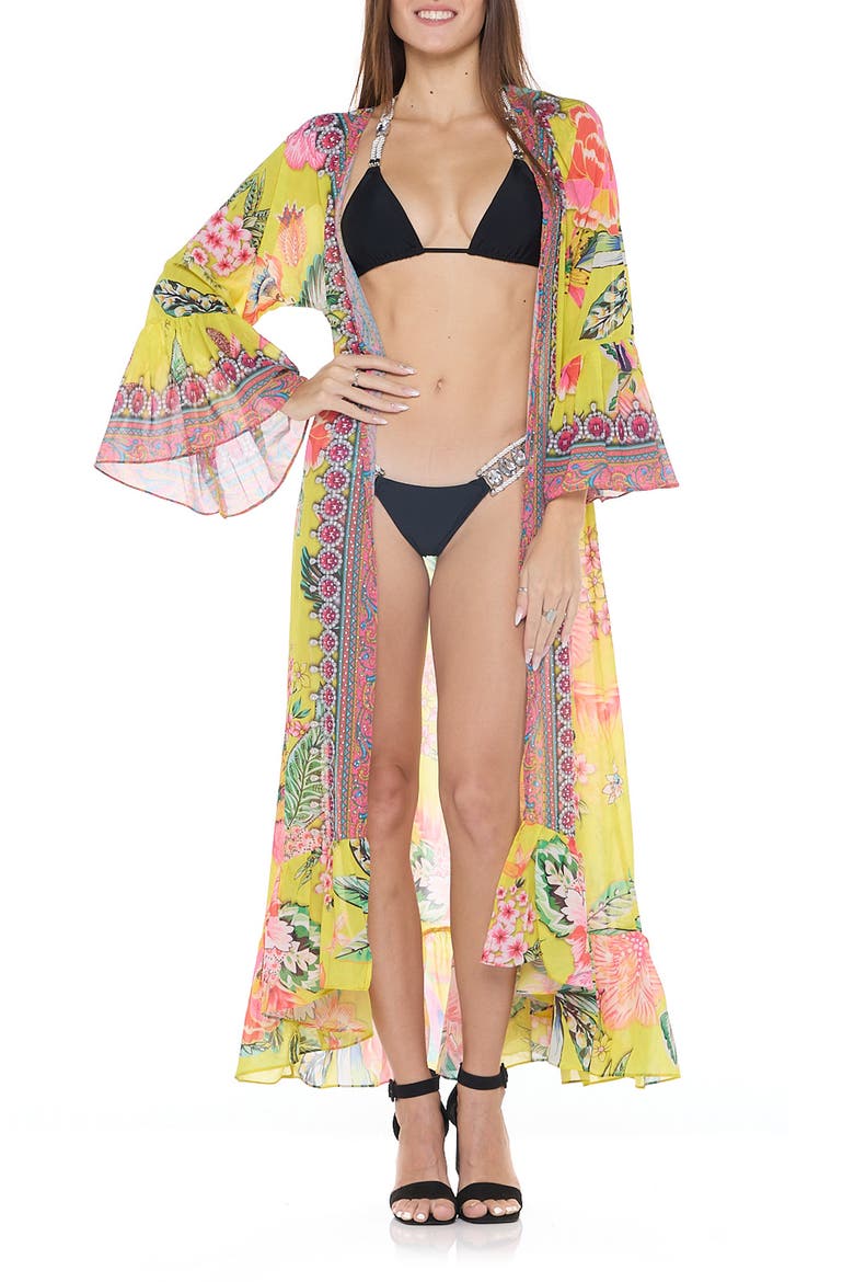 Floral Print Ruffle Cover-Up Duster, Main, color, YELLOW