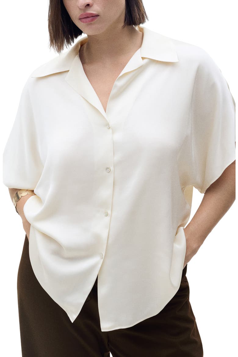 Short Sleeve Satin Button-Up Shirt, Alternate, color, OFF WHITE