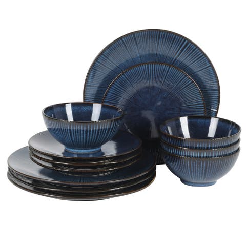 Midnight Luna Plates and Bowls Sets, Stoneware Dinnerware Sets, Reactive Glaze Dish Set - Blue