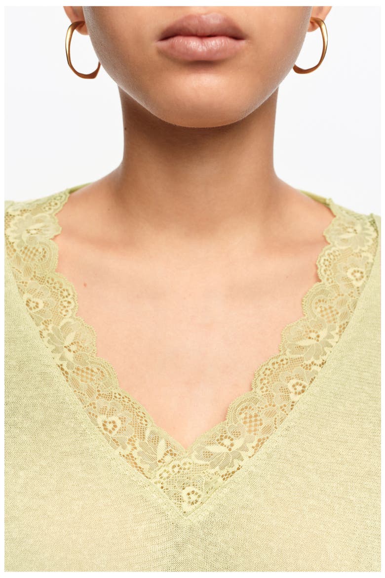 Short Sweater In Cotton Linen and Lace, Alternate, color, LIGHT GREEN