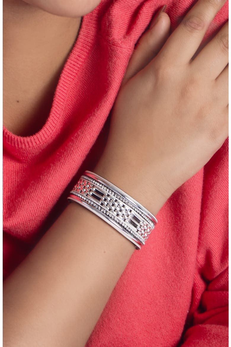 Faux Pearled Cutout Waved Cuff Bracelet, Alternate, color, SILVER