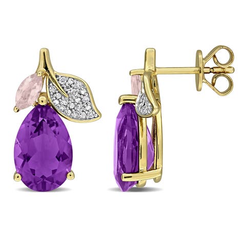 Amethyst & Diamond Drop Earrings Plated Silver