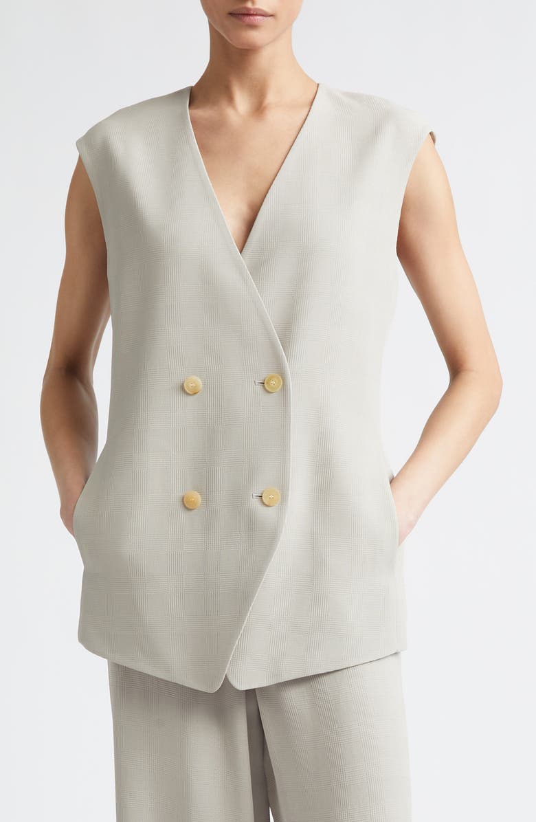 Lafayette 148 New York Grid Plaid Crepe Double Breasted Vest, Main, color, Cement