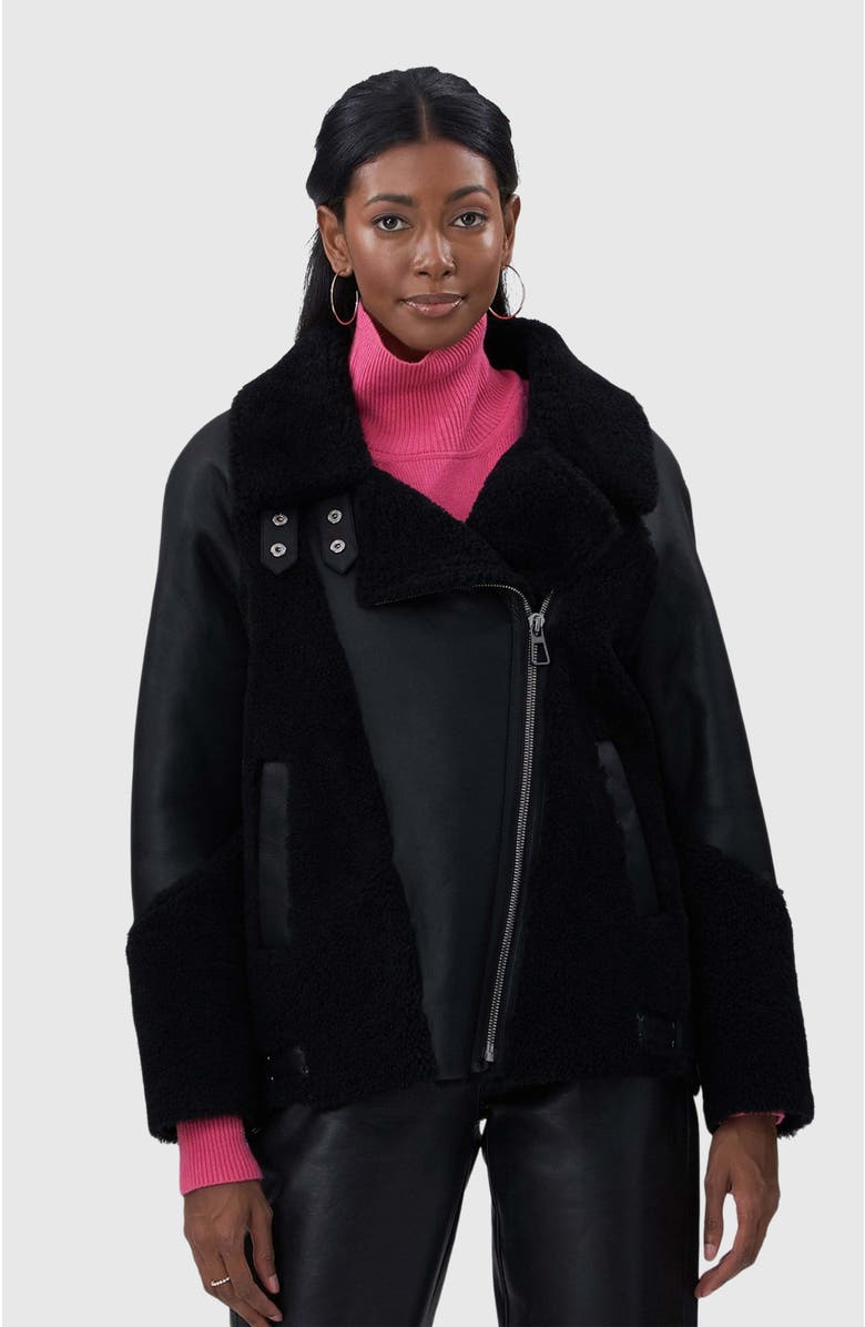 GORSKI Genuine Shearling Zip Moto Jacket, Main, color, Black/Black