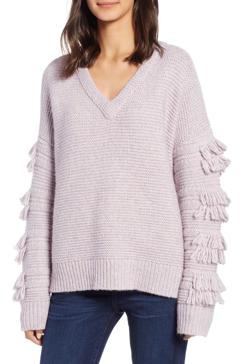 Fringe Sleeve Pullover Sweater, Main, color, HEATHER PERIWINKLE