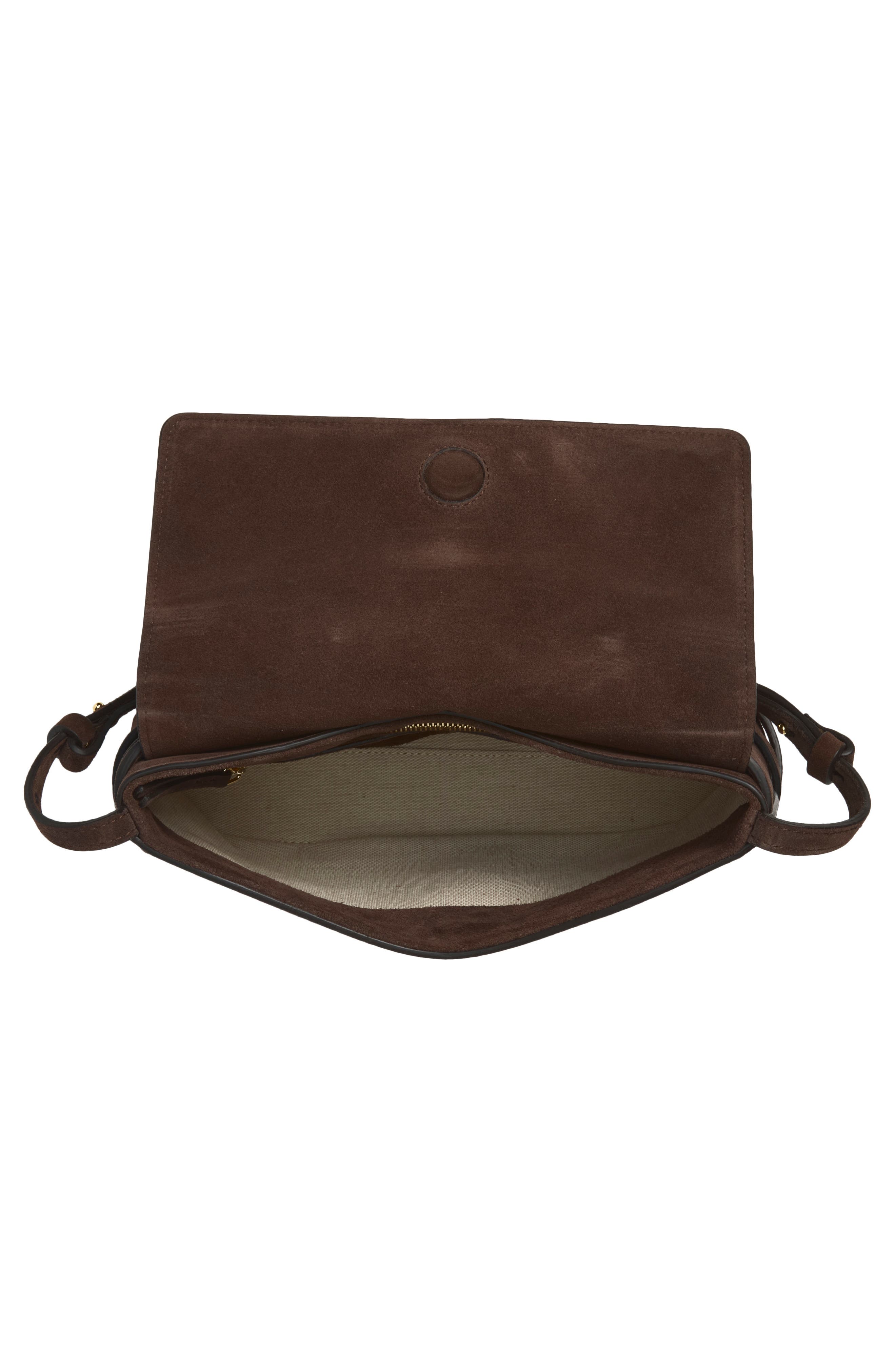 Belted Suede Shoulder Bag, Alternate, color, DARK BROWN