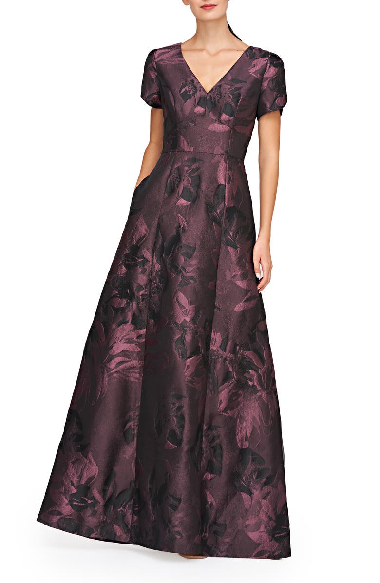 Kay Unger Rowena Metallic Jacquard Ballgown, Main, color, Mink Rose