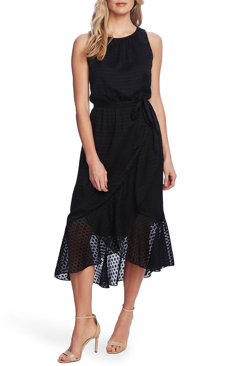 Vince Camuto Asymmetrical Ruffle Sleeveless Midi Dress, Main, color, 