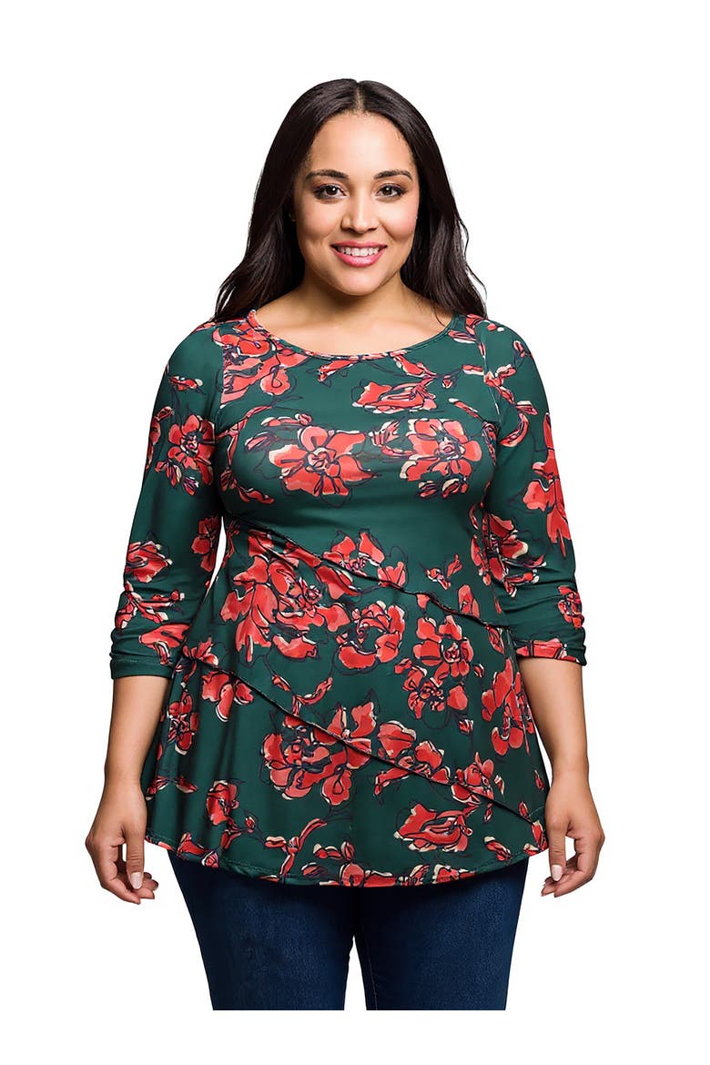Curvy Essential Three Quarter Sleeve Tunic Top, Main, color, Orange Multi