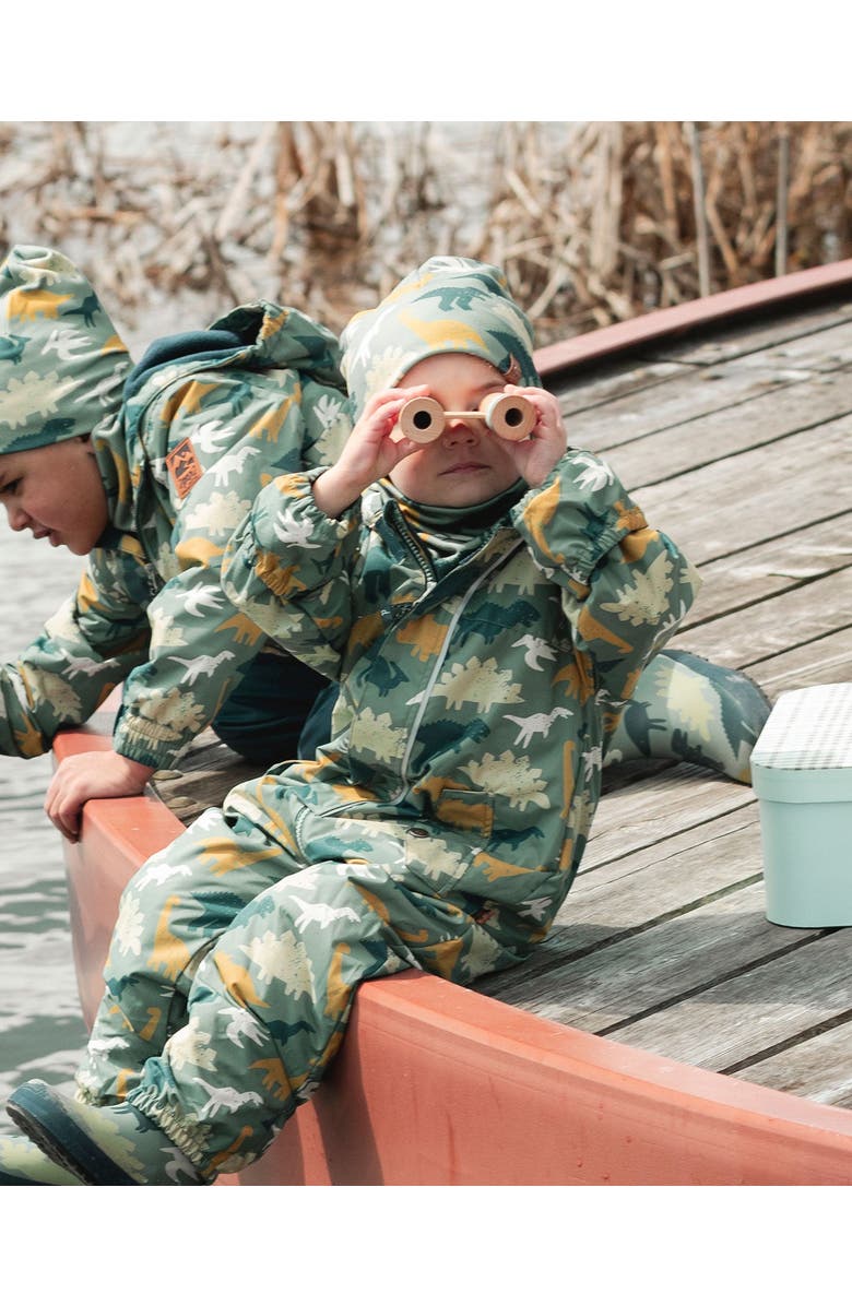 Deux par Deux Mid-Season Printed One-Piece Outerwear with Hat, Alternate, color, Green Dinosaur Print