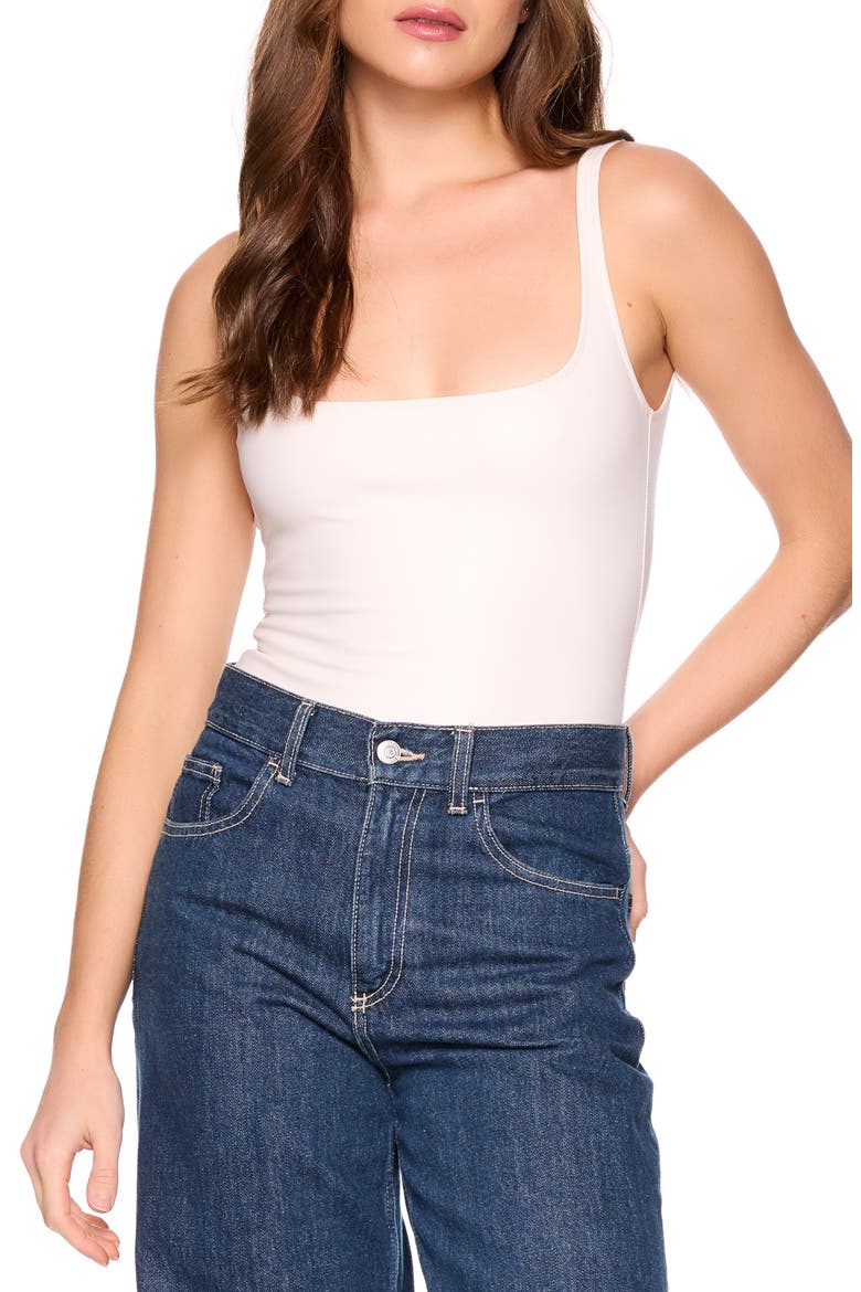 Faux Leather Low Back Bodysuit, Main, color, BLANCHED ALMOND