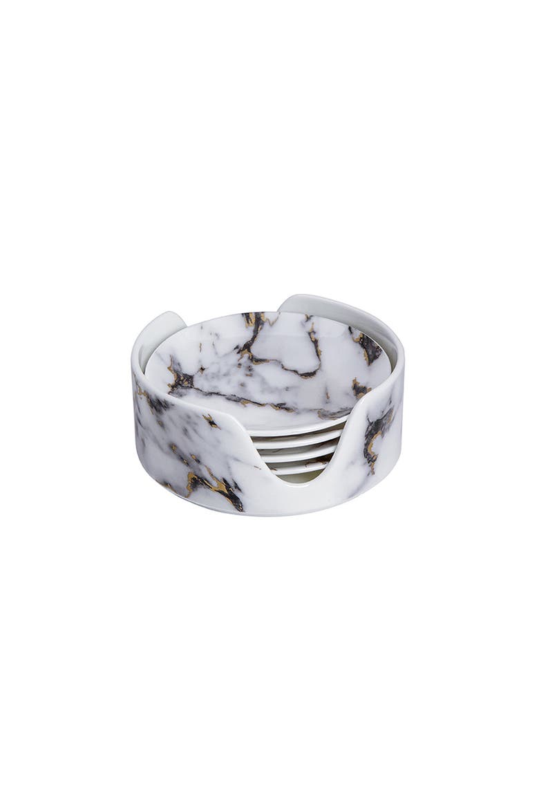 Marble Venice Fog Coaster in Holder, Set of 4, Main, color, White