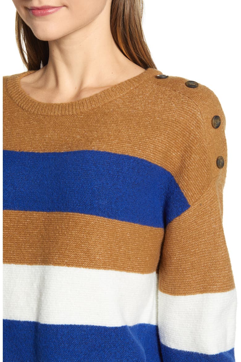 Shoulder Button Sweater, Alternate, color, TAN- BLUE IVORY BLOCK STRIPE