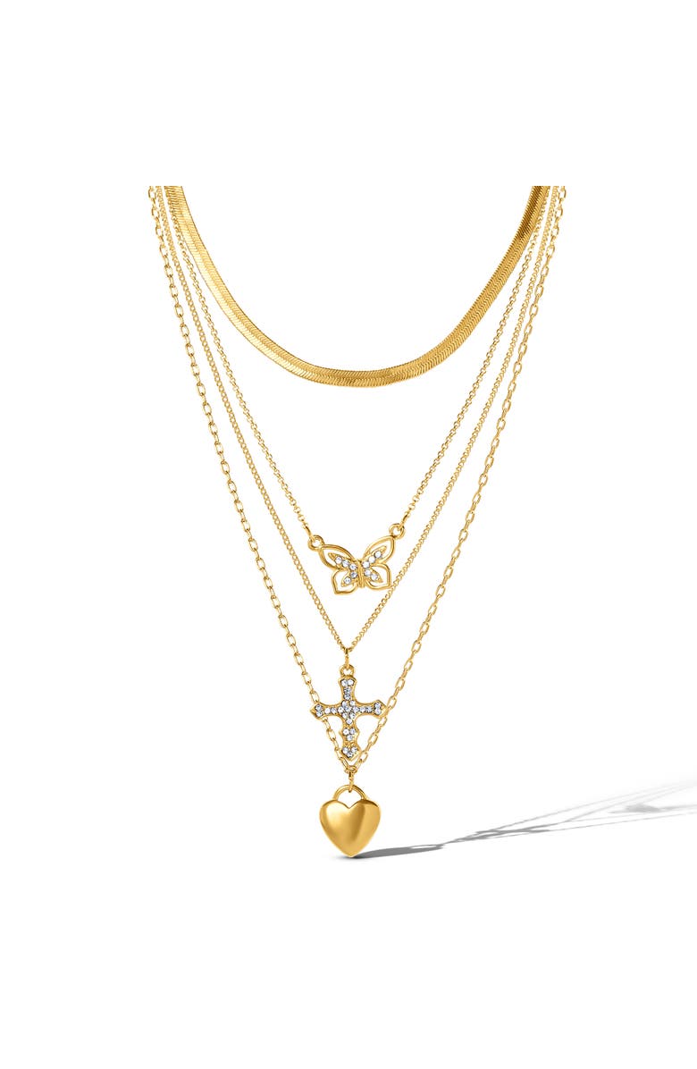 Jessica Simpson Layered Butterfly, Cross & Heart Pendant Necklace Set, Main, color, Gold