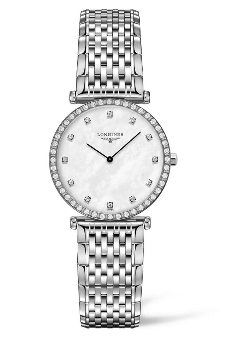 La Grande Classique de Longines Diamond Bracelet Watch, 28mm, Main, color, SILVER/ MOP/ SILVER